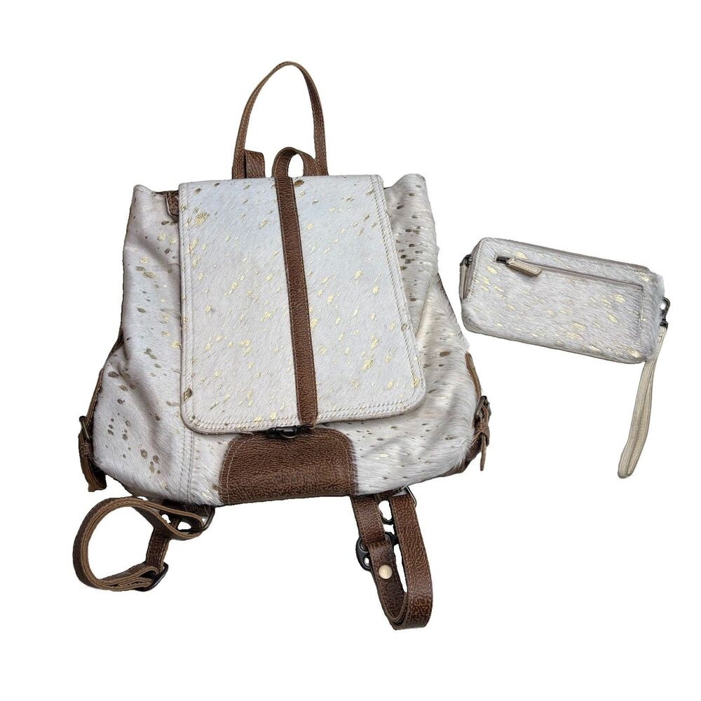 Myra Bag Backpack Western Cotton White Leather Calf Hair Backpack and Wallet